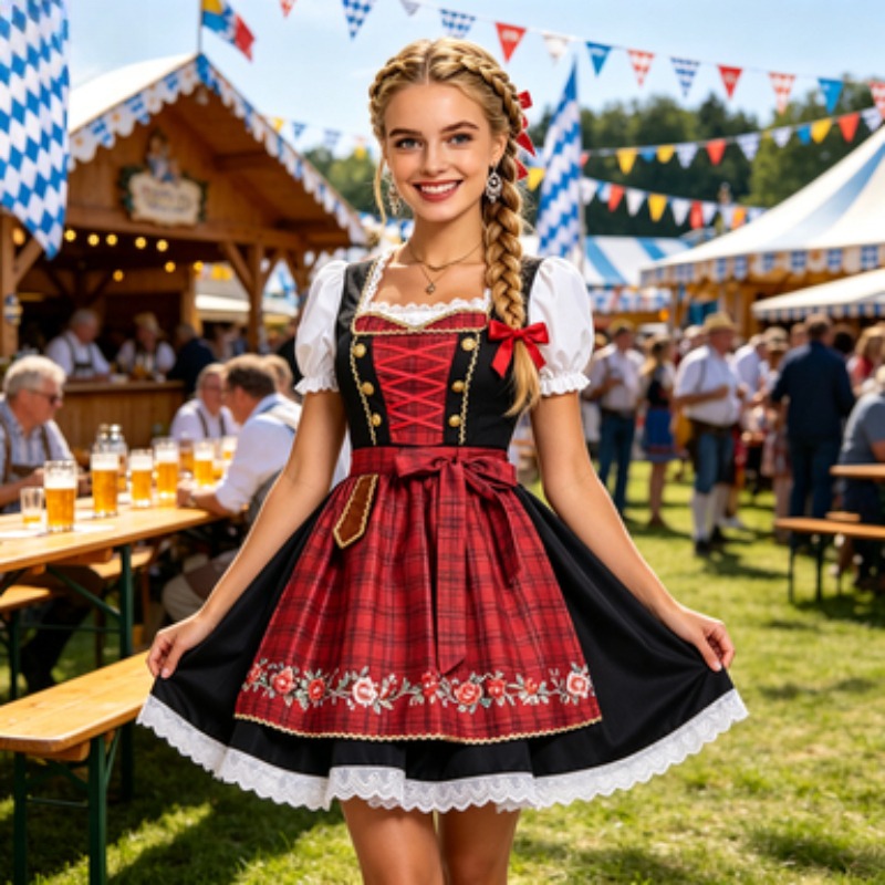 Beer & Wine Grab - ชุดเดรสผู้หญิงสไตล์เยอรมันสำหรับงาน Oktoberfest, ชุดสาวเสิร์ฟเบียร์แบบดั้งเดิมสำหรับการแสดงบนเวทีฮาโลวีนและงานปาร์ตี้ธีมคาร์นิวัล