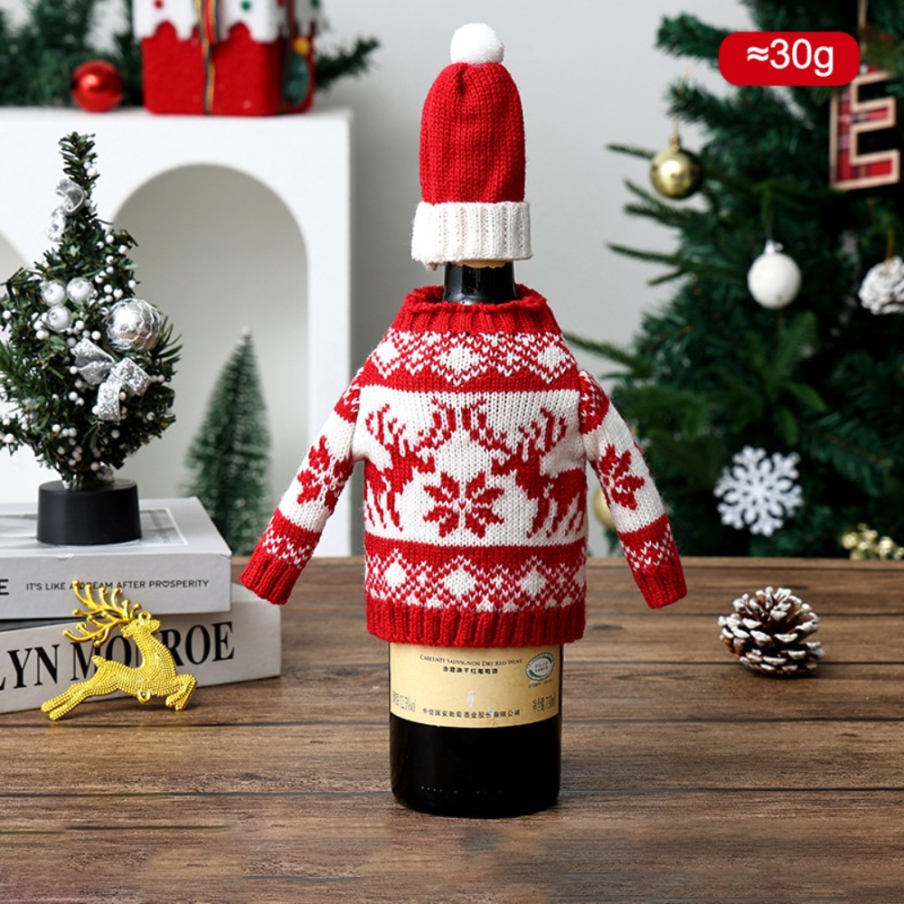 Wine Beer Hat - ปลอกหุ้มขวดไวน์ลายกวางเอลค์ ปลอกหุ้มแบบใช้ซ้ำได้ พร้อมหมวกซานต้าขนาดเล็ก ปลอกหุ้มขวดถักลายคริสต์มาส ปลอกหุ้มขวดเบียร์ลายซานตาคลอสและกวางเรนเดียร์