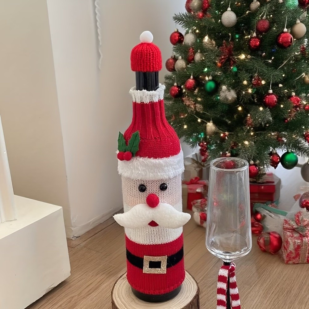 Wine Beer Hat - ปลอกหุ้มขวดไวน์ถักลายกวางเรนเดียร์พร้อมหมวกซานต้าจิ๋ว ปลอกหุ้มขวดเบียร์ ปลอกหุ้มขวดถักลายซานต้าคลอสและกวางเรนเดียร์ ของขวัญคริสต์มาส