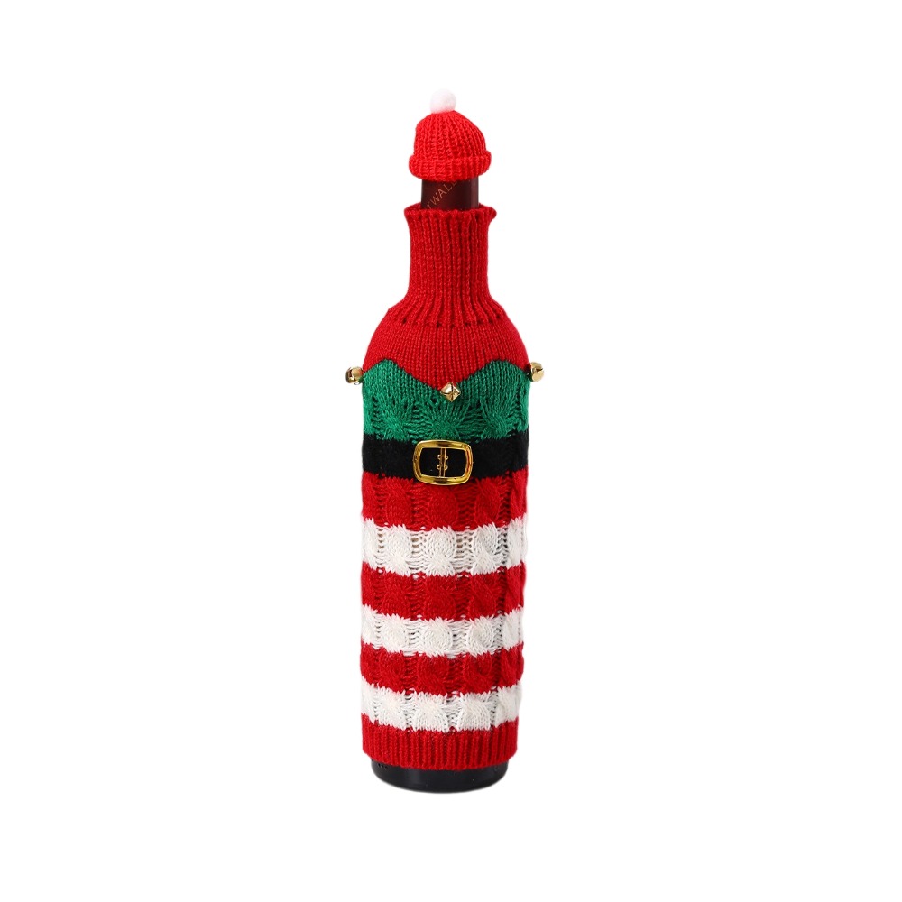 Wine Beer Hat - ปลอกขวดไวน์ถักลายกวางเรนเดียร์พร้อมหมวกซานต้าขนาดเล็ก ปลอกขวดเบียร์ลายกวางเรนเดียร์ ซานตาคลอส ปลอกขวดถักลายคริสต์มาส