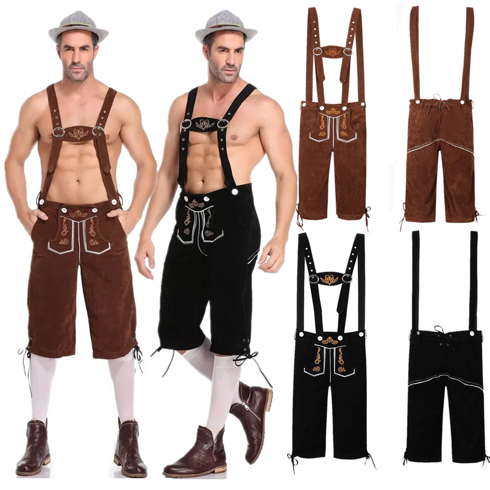 Beer & Wine Grab - M-XXL ผู้ชายเยอรมัน Oktoberfest Lederhosen เครื่องแต่งกายสีดําสีน้ําตาล Suspenders